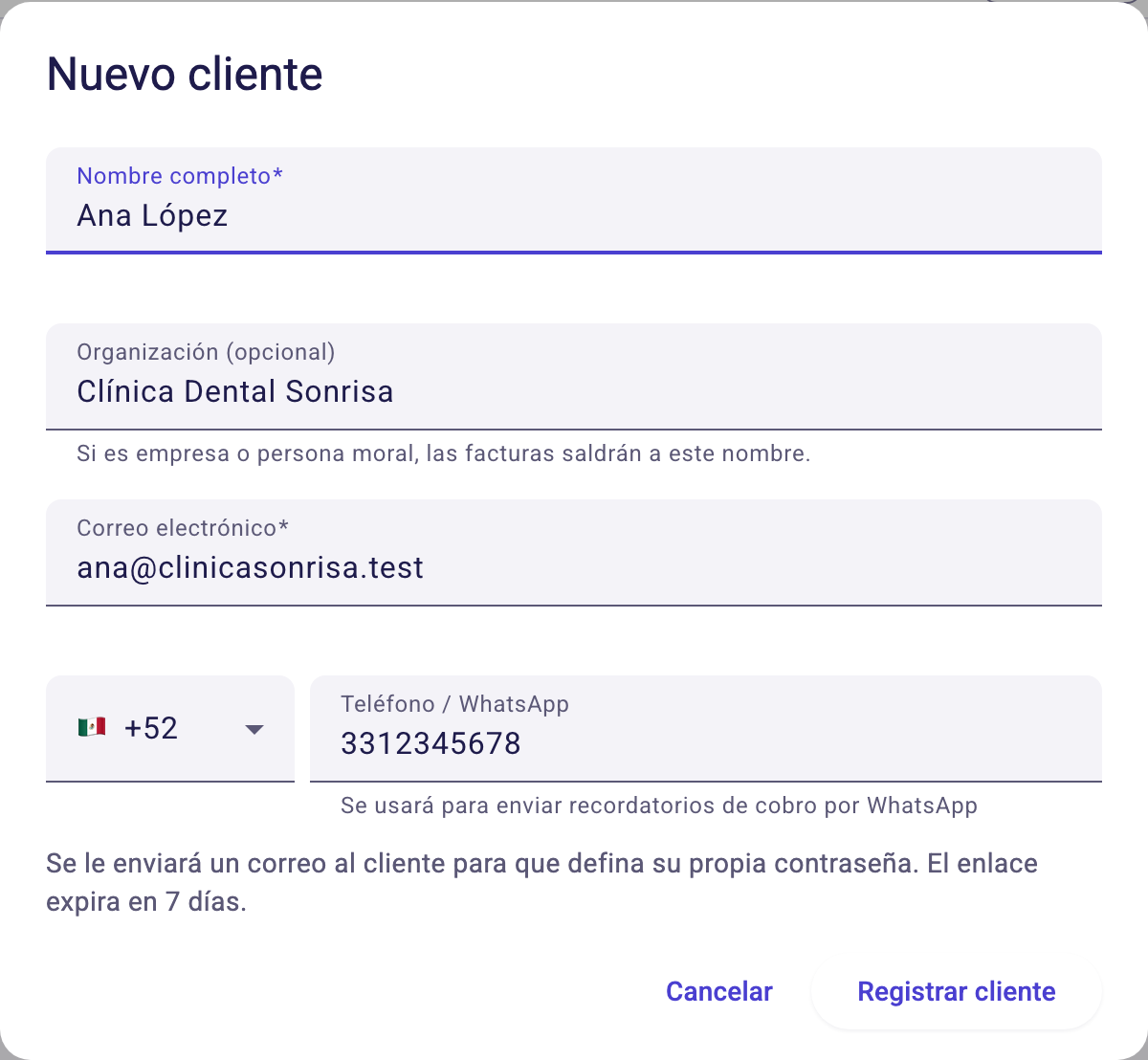 Formulario Nuevo cliente con nombre, organización, correo y teléfono
