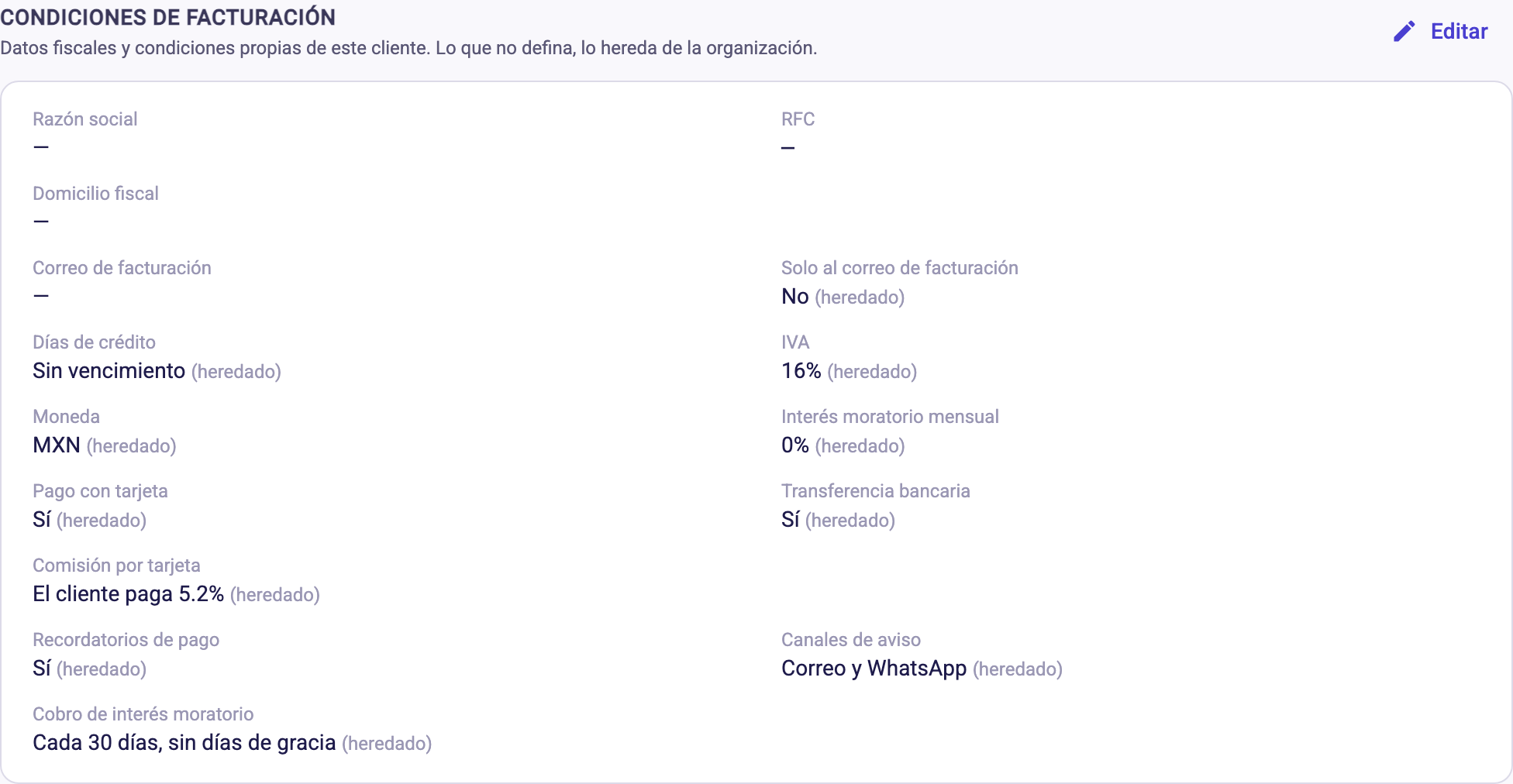 Sección Condiciones de facturación del cliente con cada valor marcado como heredado