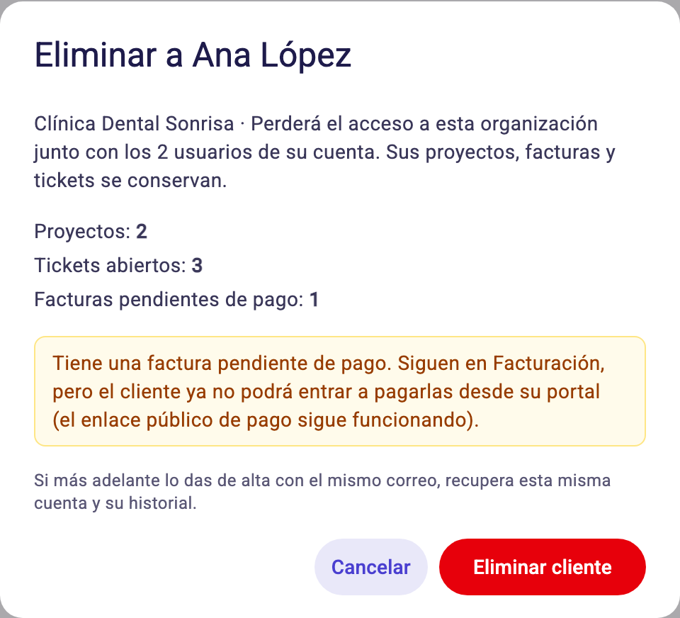 Diálogo Eliminar cliente con la vista previa de proyectos, tickets abiertos y facturas pendientes