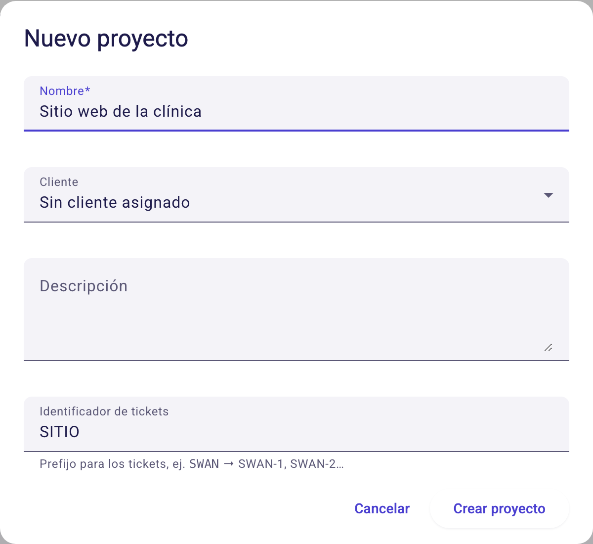 Formulario Nuevo proyecto con nombre, cliente, descripción e identificador de tickets