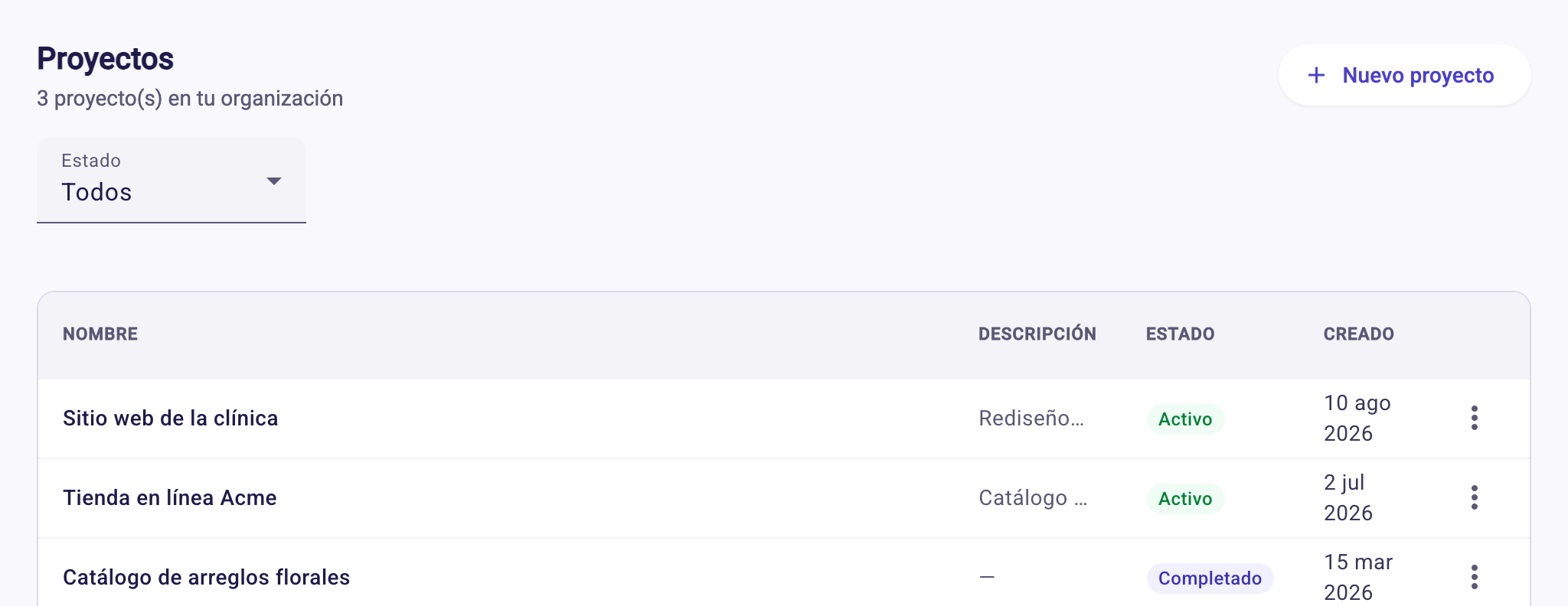 Lista de proyectos con filtro de estado y menú de acciones por fila