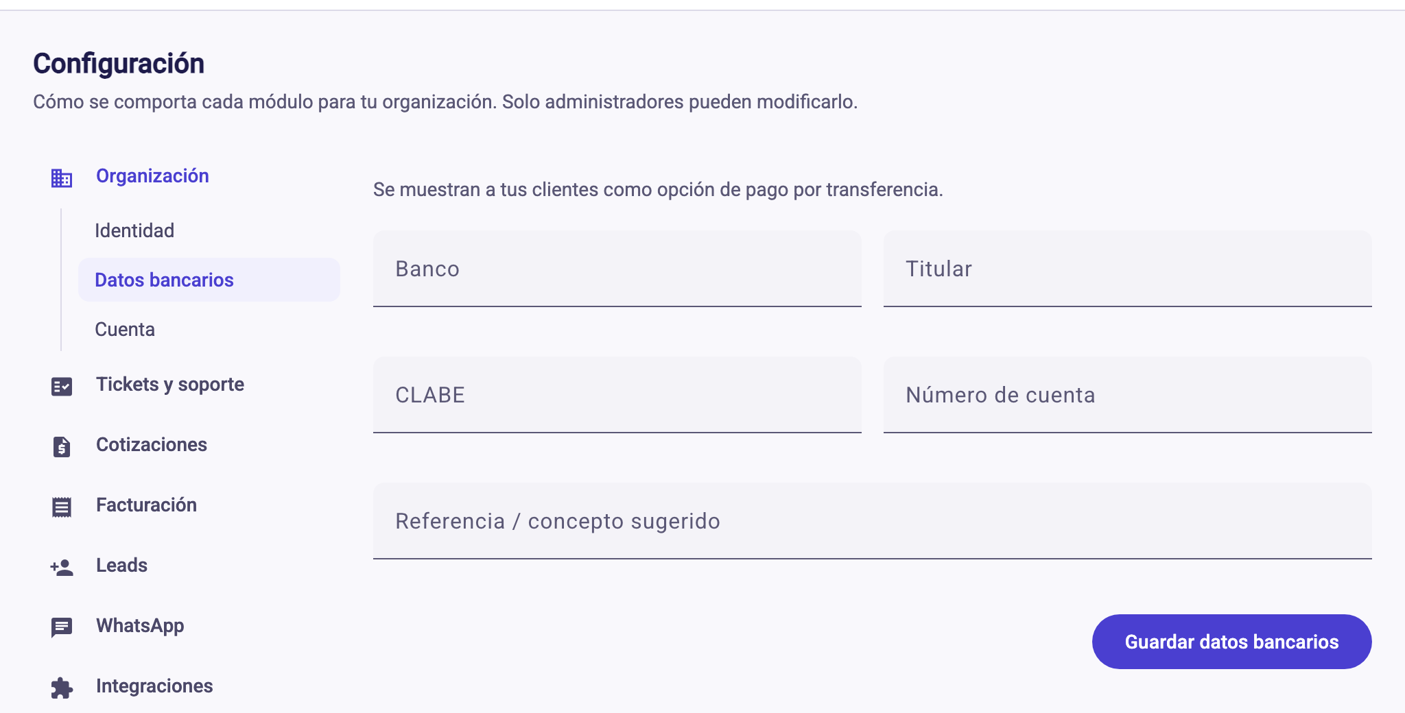 Configuración, Organización, Datos bancarios con banco, titular, CLABE y número de cuenta