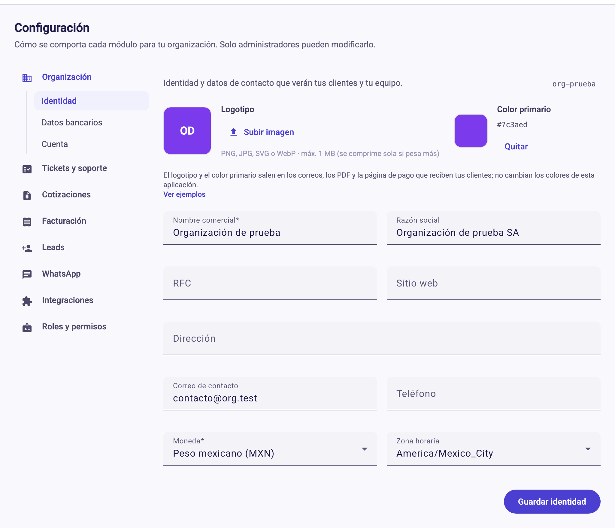 Configuración, Organización, Identidad: logotipo, color primario y datos de la organización