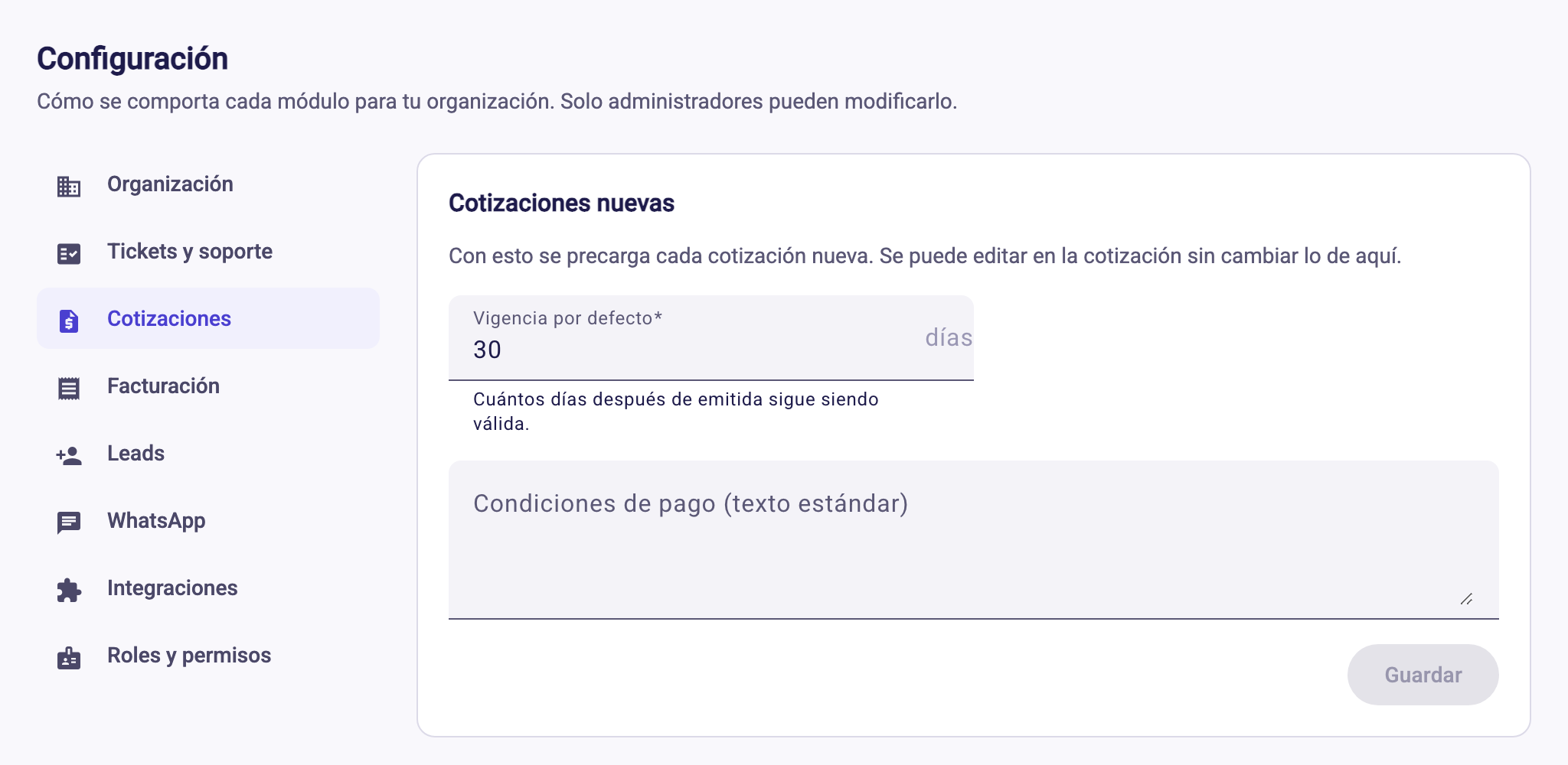 Configuración, sección Cotizaciones nuevas, con la vigencia y las condiciones de pago