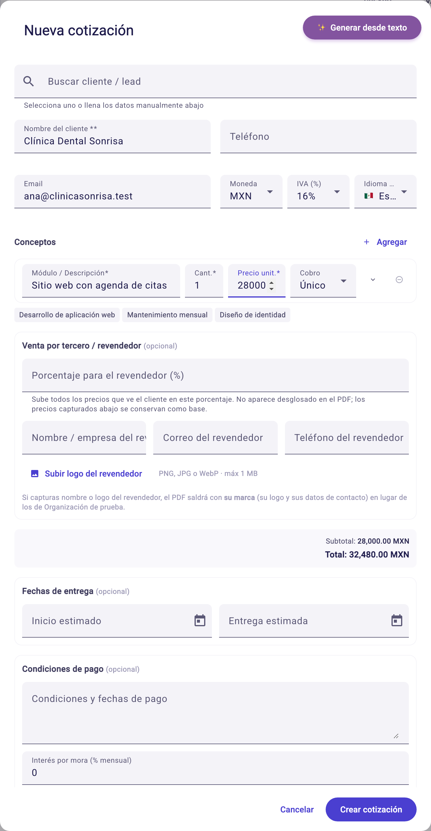 Formulario Nueva cotización con los datos del cliente, un concepto, los totales y las condiciones de pago
