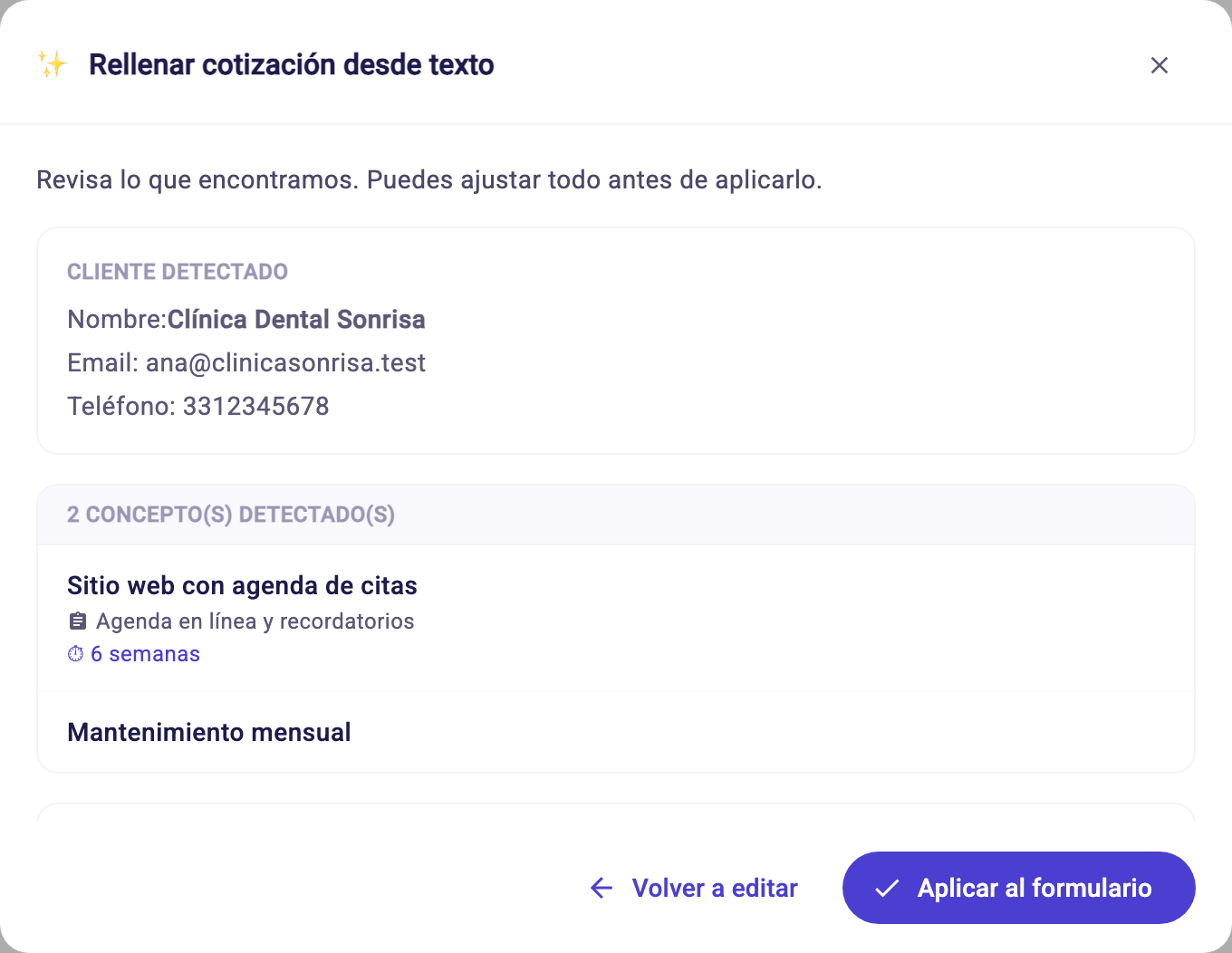 Diálogo Rellenar cotización desde texto con el cliente y los conceptos que Iguala detectó