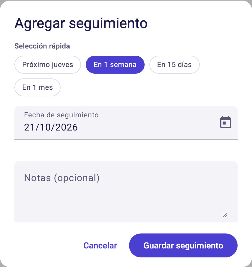 Diálogo Agregar seguimiento con la selección rápida de fecha y las notas