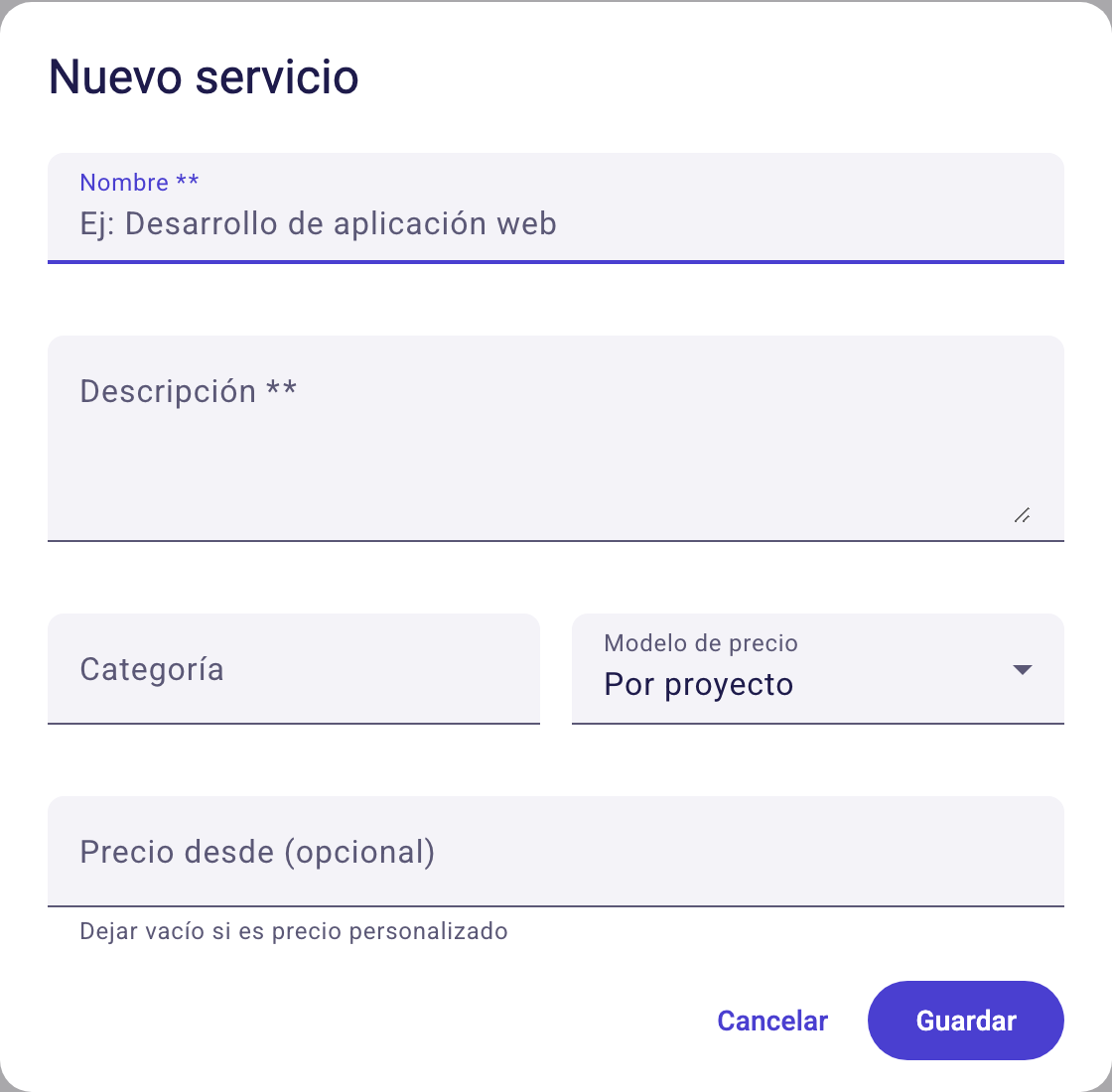 Formulario Nuevo servicio con nombre, descripción, categoría, modelo de precio y precio