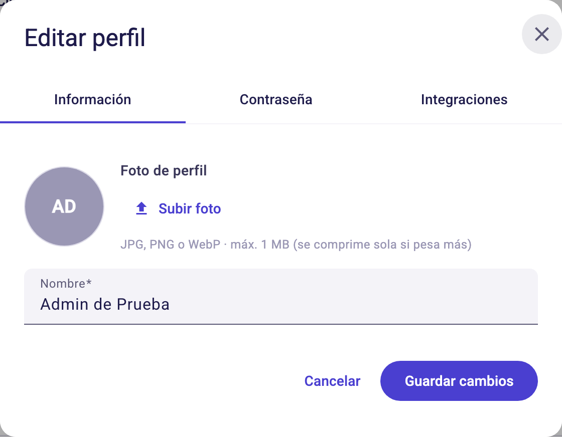 Ventana Editar perfil con foto, nombre y las pestañas Información, Contraseña e Integraciones