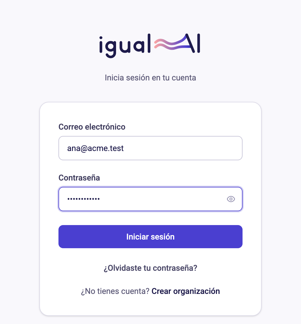 Pantalla de inicio de sesión con correo y contraseña