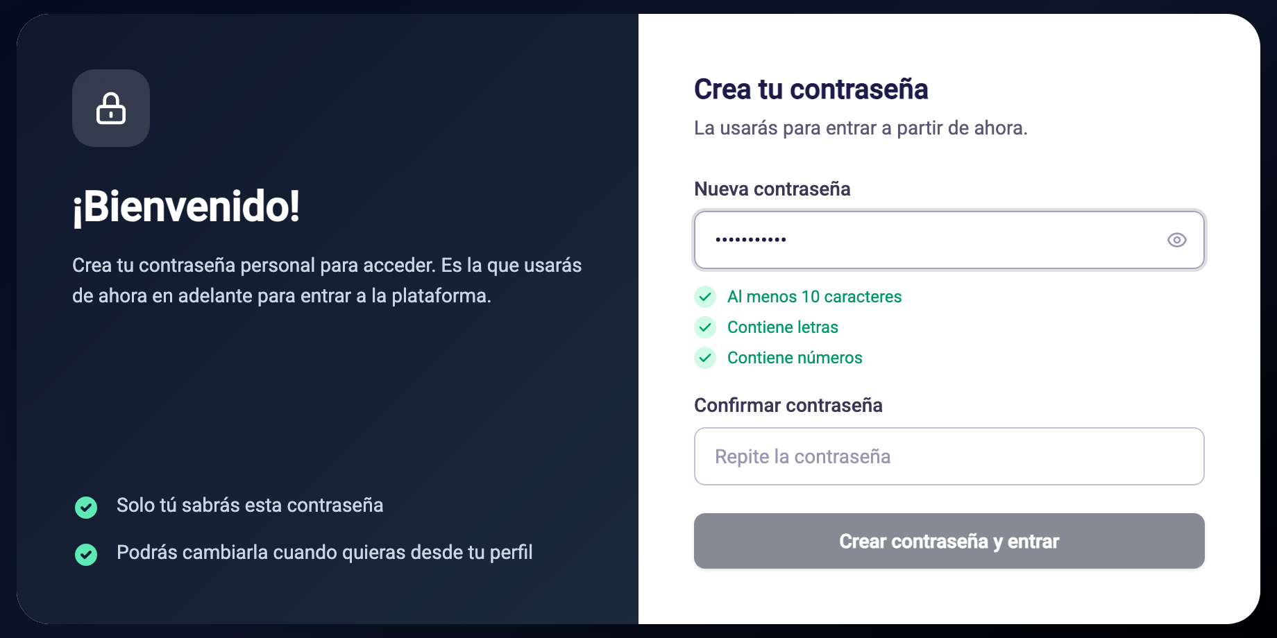 Pantalla para crear la primera contraseña con los requisitos marcados