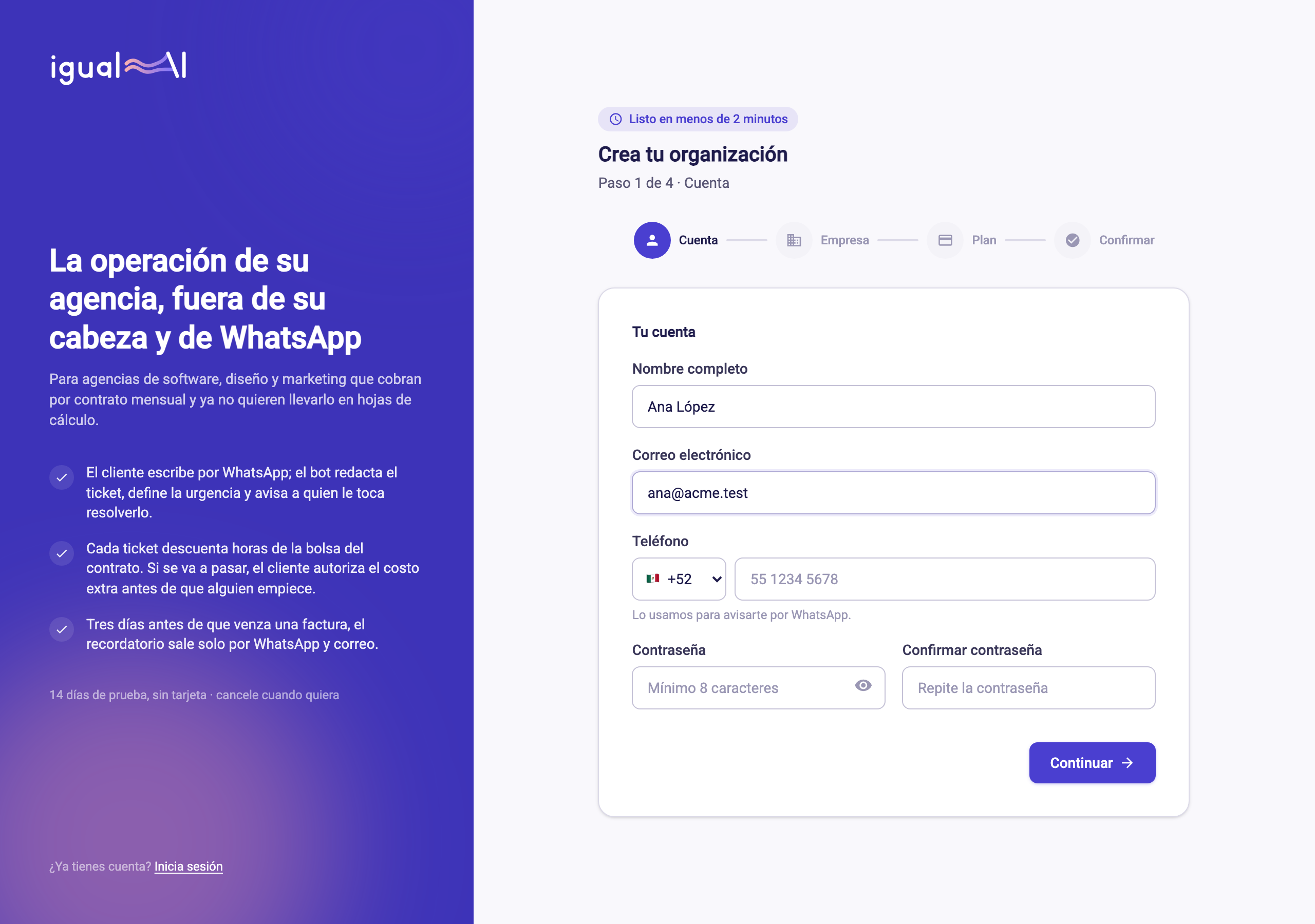 Primer paso del registro con nombre, correo, teléfono y contraseña