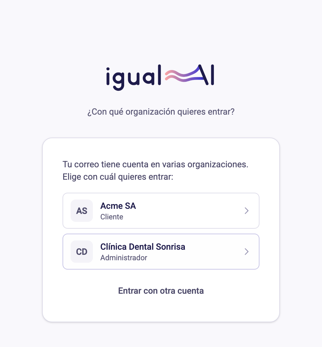 Selector con dos organizaciones para elegir con cuál entrar