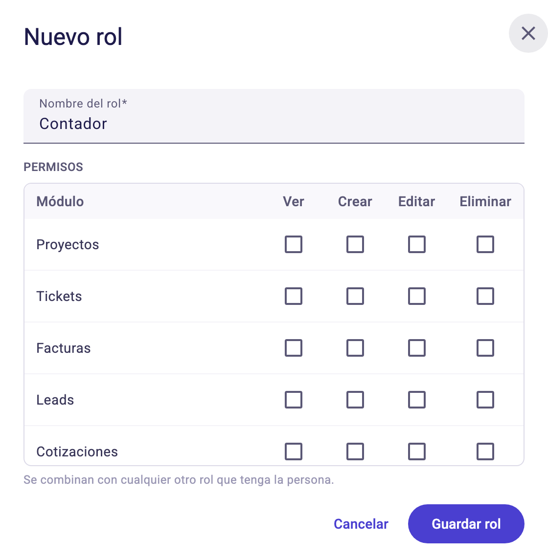 Editor de rol con el nombre y la tabla de permisos por módulo