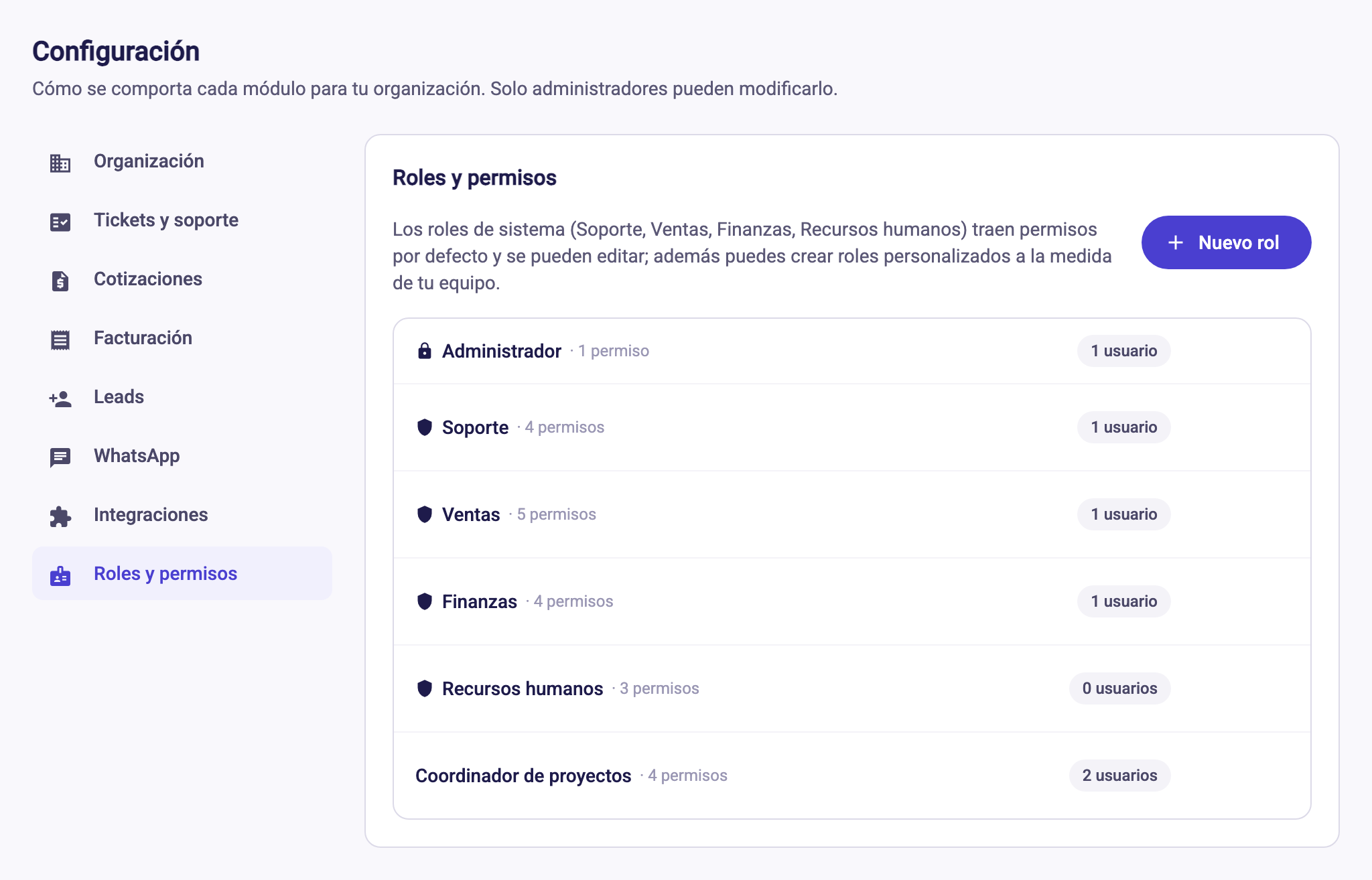 Lista de roles y permisos con los roles de sistema y un rol personalizado
