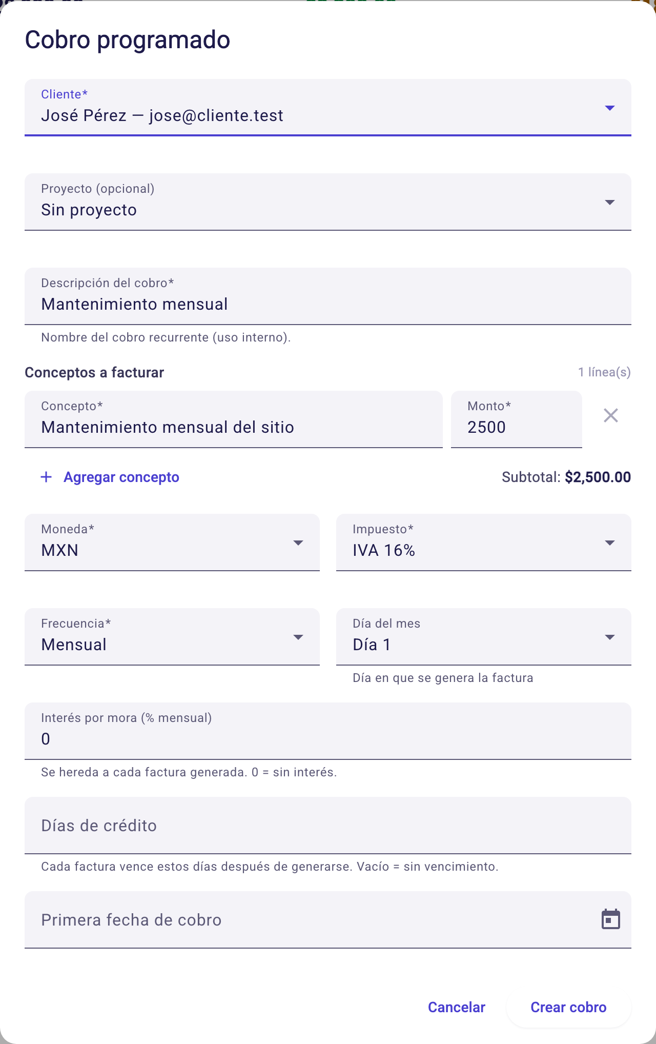 Diálogo Cobro programado con conceptos, frecuencia, interés y días de crédito