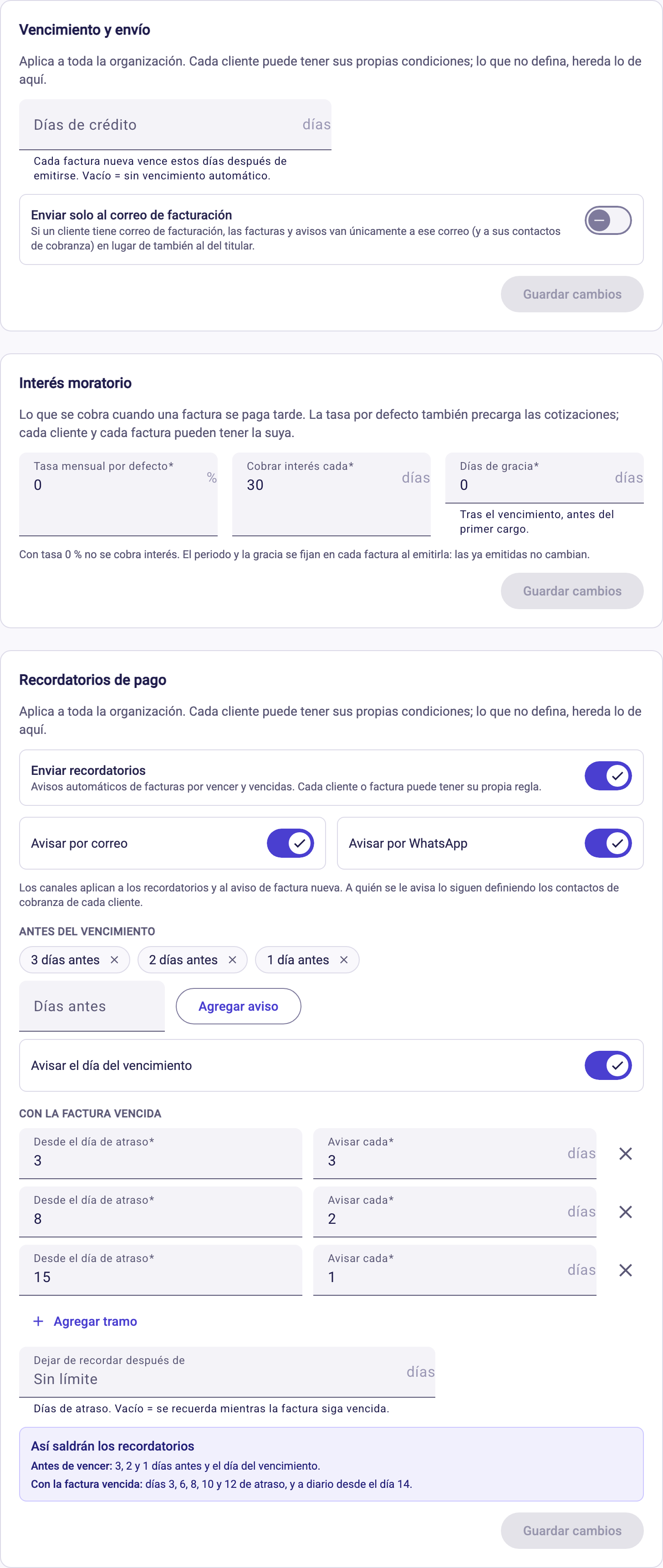 Apartado Cobranza con días de crédito, interés moratorio y recordatorios de pago