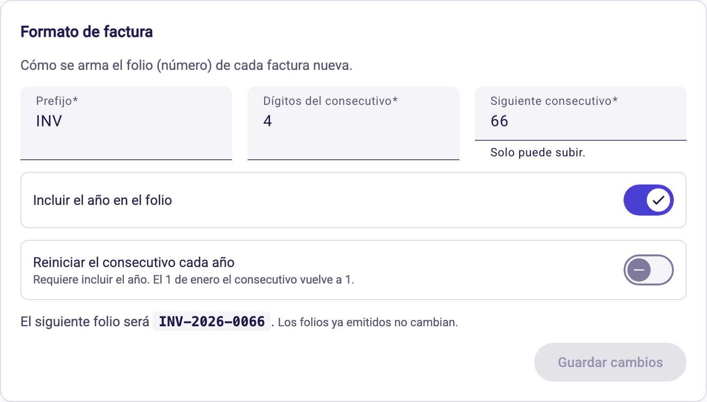 Apartado Formato de factura con prefijo, consecutivo y vista del siguiente folio