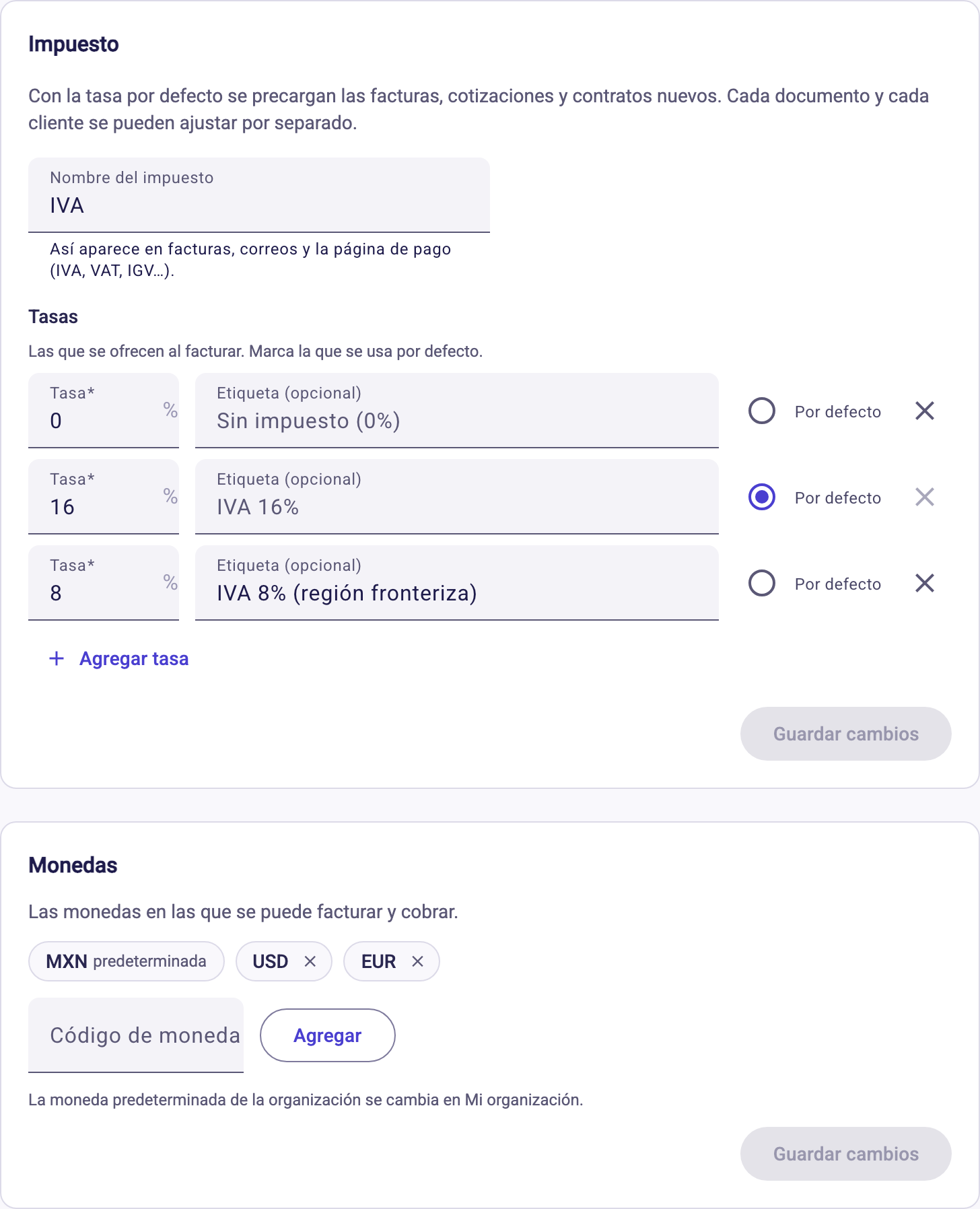 Configuración de Facturación, apartado General, con impuesto, tasas y monedas