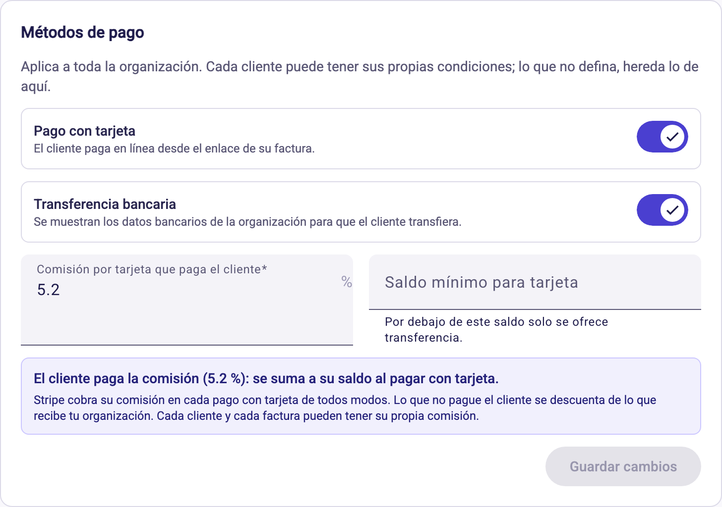 Apartado Métodos de pago con tarjeta, transferencia y comisión