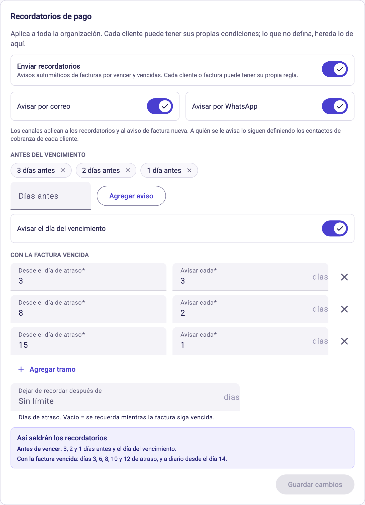 Tarjeta Recordatorios de pago con avisos antes y después del vencimiento