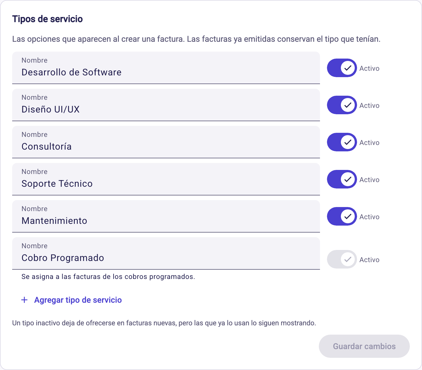 Apartado Servicios con los tipos de servicio de las facturas