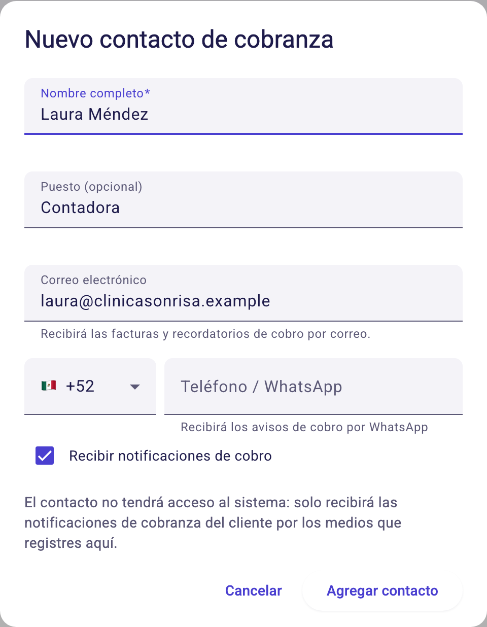 Diálogo para agregar un contacto de cobranza