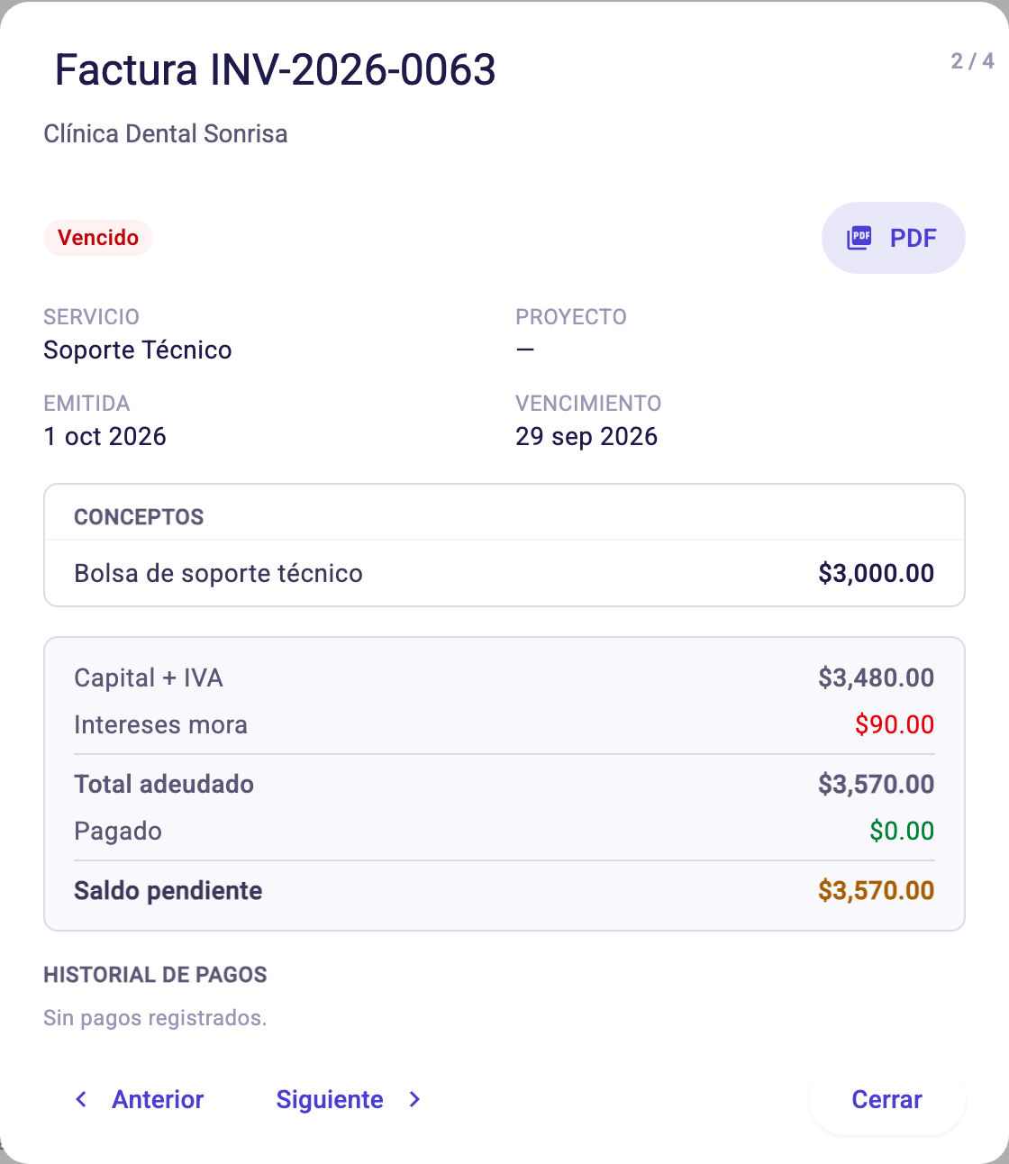 Detalle de una factura vencida con capital, intereses de mora y saldo pendiente