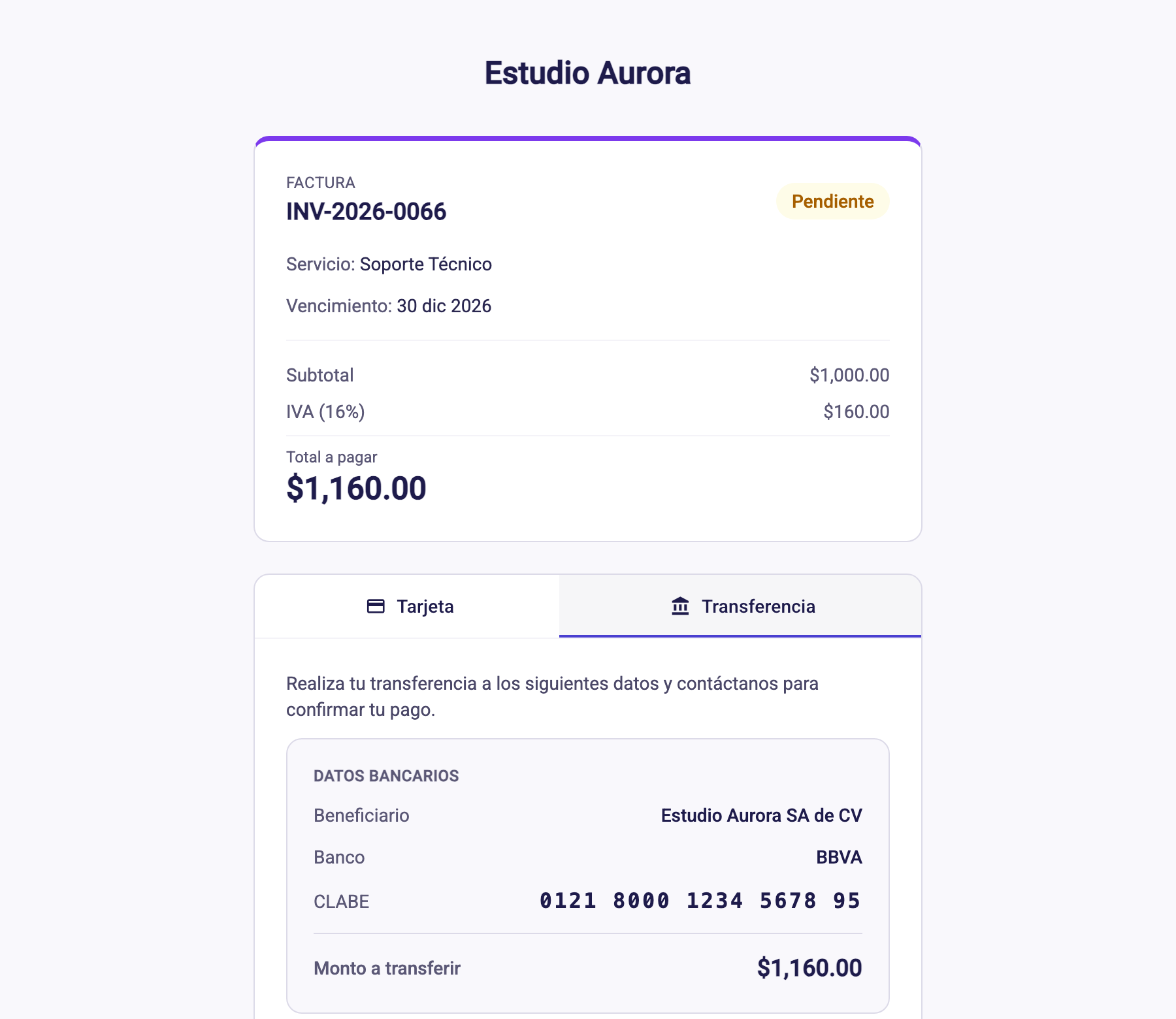 Página de pago con la pestaña Transferencia y los datos bancarios