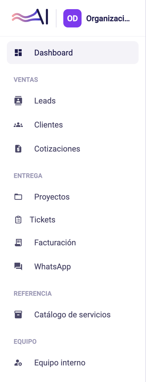 Menú lateral con Dashboard y los grupos Ventas, Entrega, Referencia y Equipo