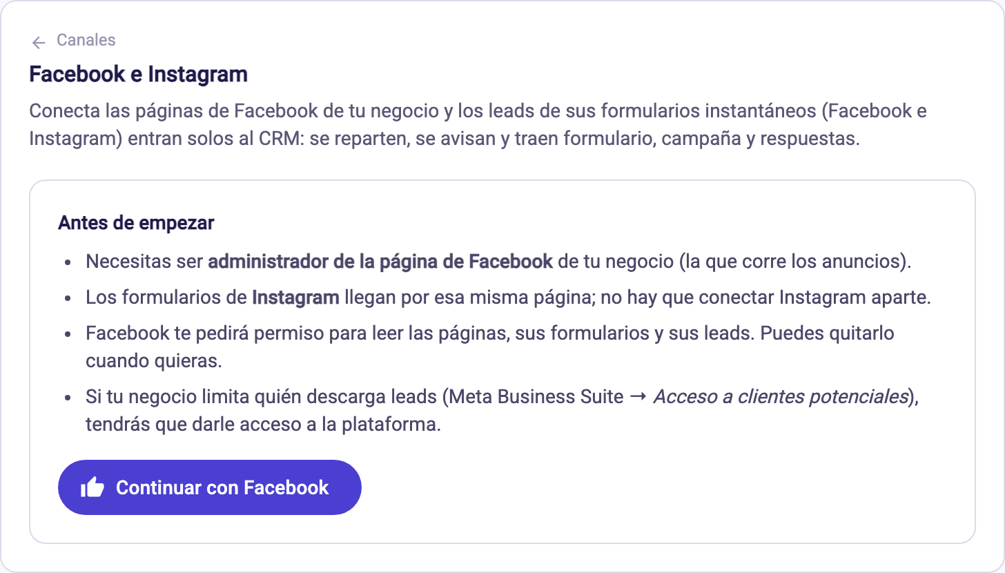 Pantalla Facebook e Instagram con la lista de requisitos y el botón Continuar con Facebook