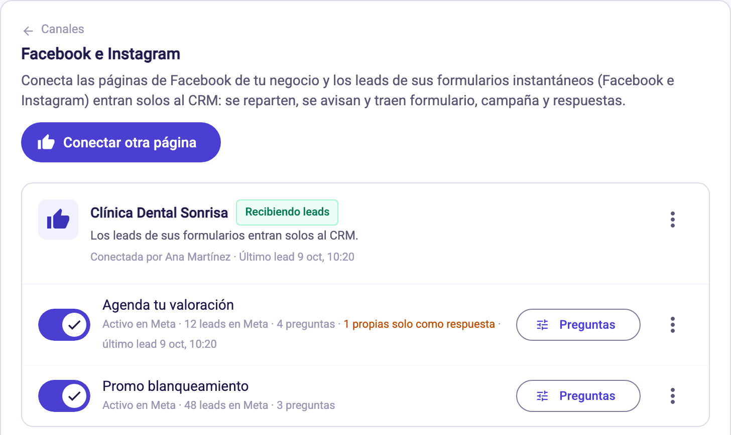 Página conectada con sus formularios y el estado Recibiendo leads