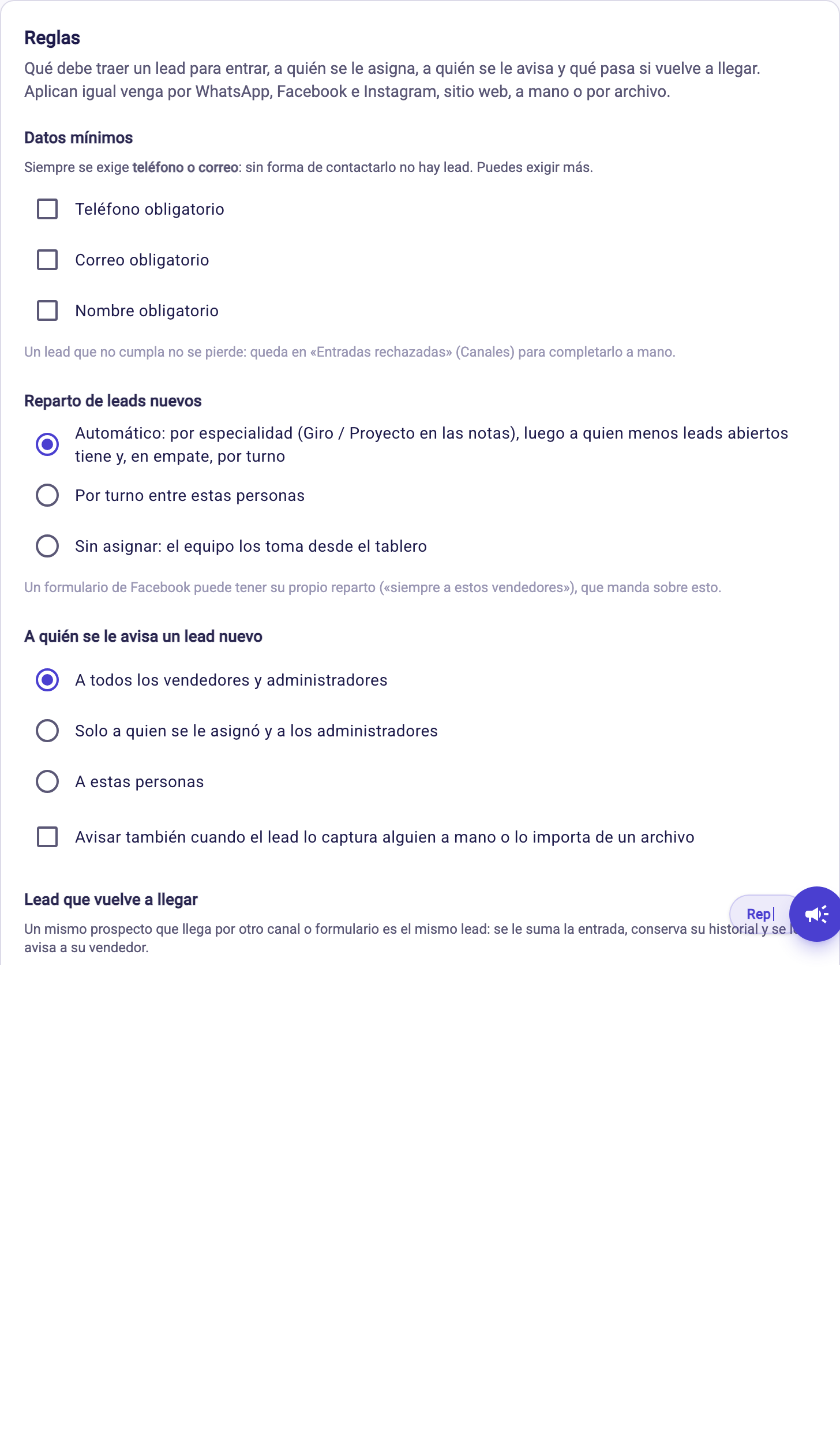 Pantalla de reglas de leads con datos mínimos, reparto, avisos y lead repetido