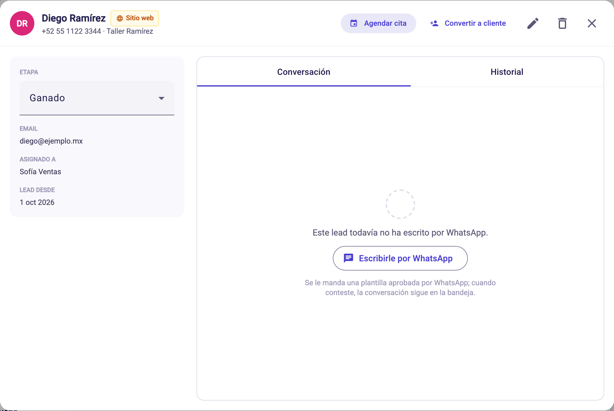 Ficha de un lead en Ganado con el botón Convertir a cliente