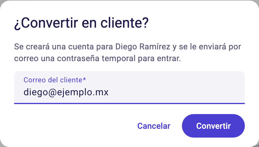 Diálogo ¿Convertir en cliente? con el correo del cliente y el botón Convertir