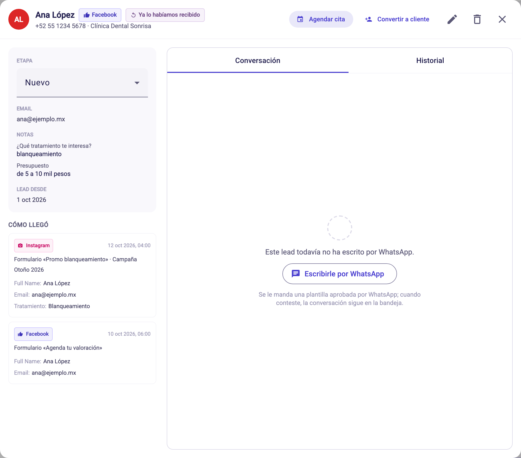 Ficha de un lead con etapa, notas, el bloque Cómo llegó y los botones Agendar cita y Convertir a cliente