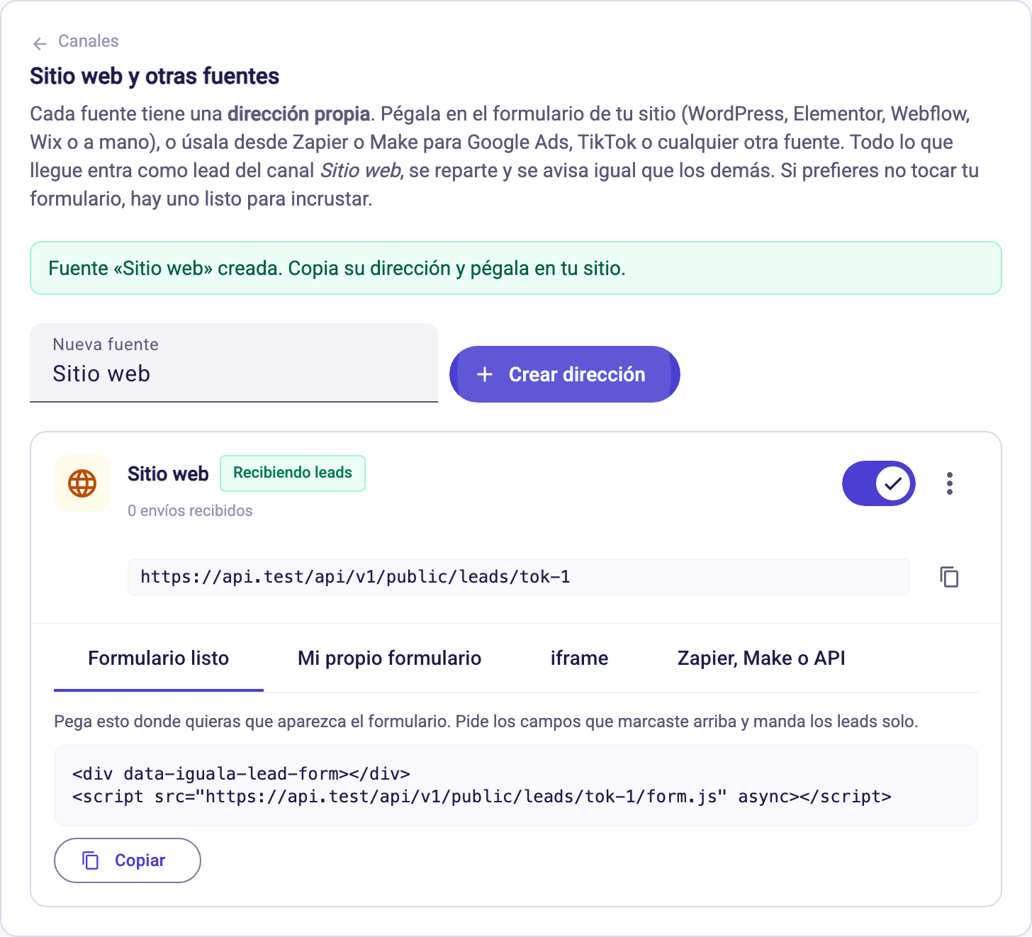 Fuente Sitio web creada con su dirección y el código para pegar en tu sitio