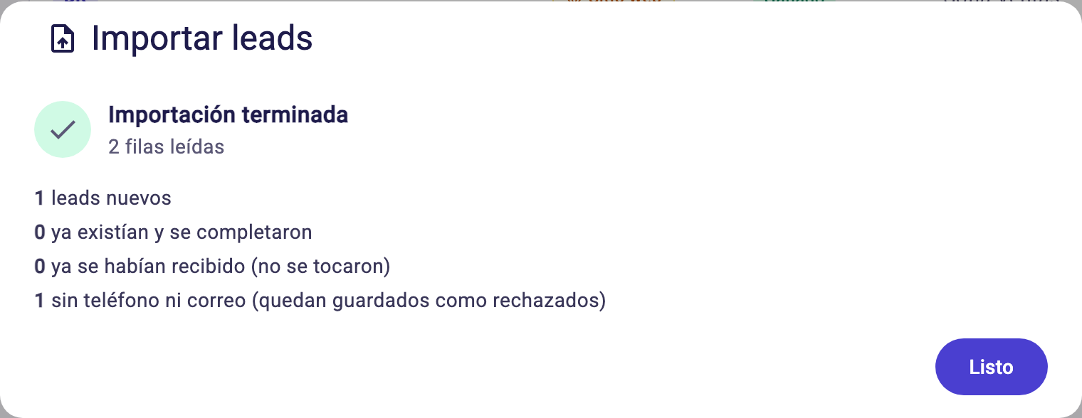 Resultado de la importación con los leads nuevos y los rechazados