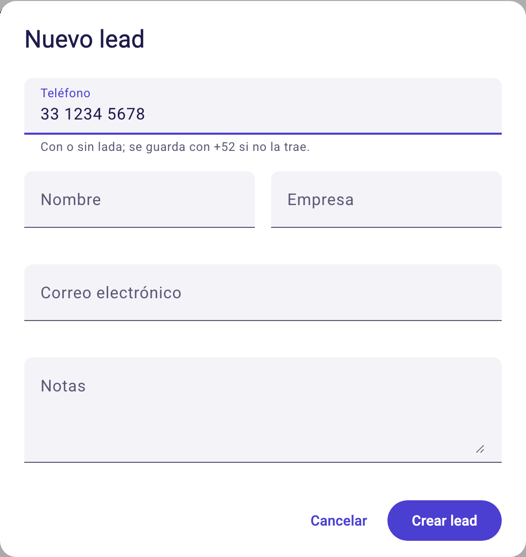 Diálogo Nuevo lead con Teléfono, Nombre, Empresa, Correo electrónico y Notas
