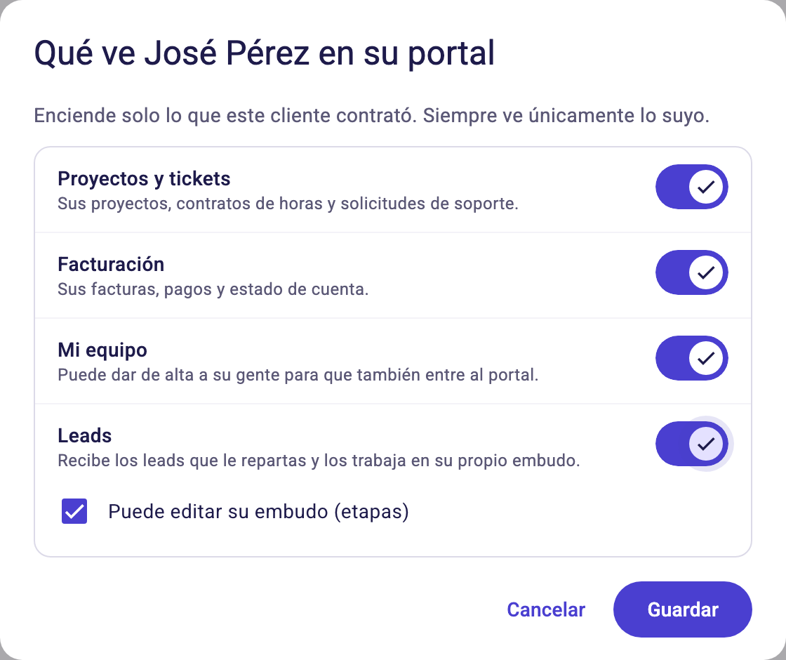 Diálogo del portal del cliente con el interruptor Leads y la casilla Puede editar su embudo