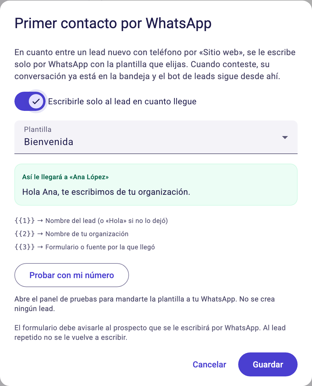 Diálogo Primer contacto por WhatsApp con la plantilla elegida y la vista previa del mensaje