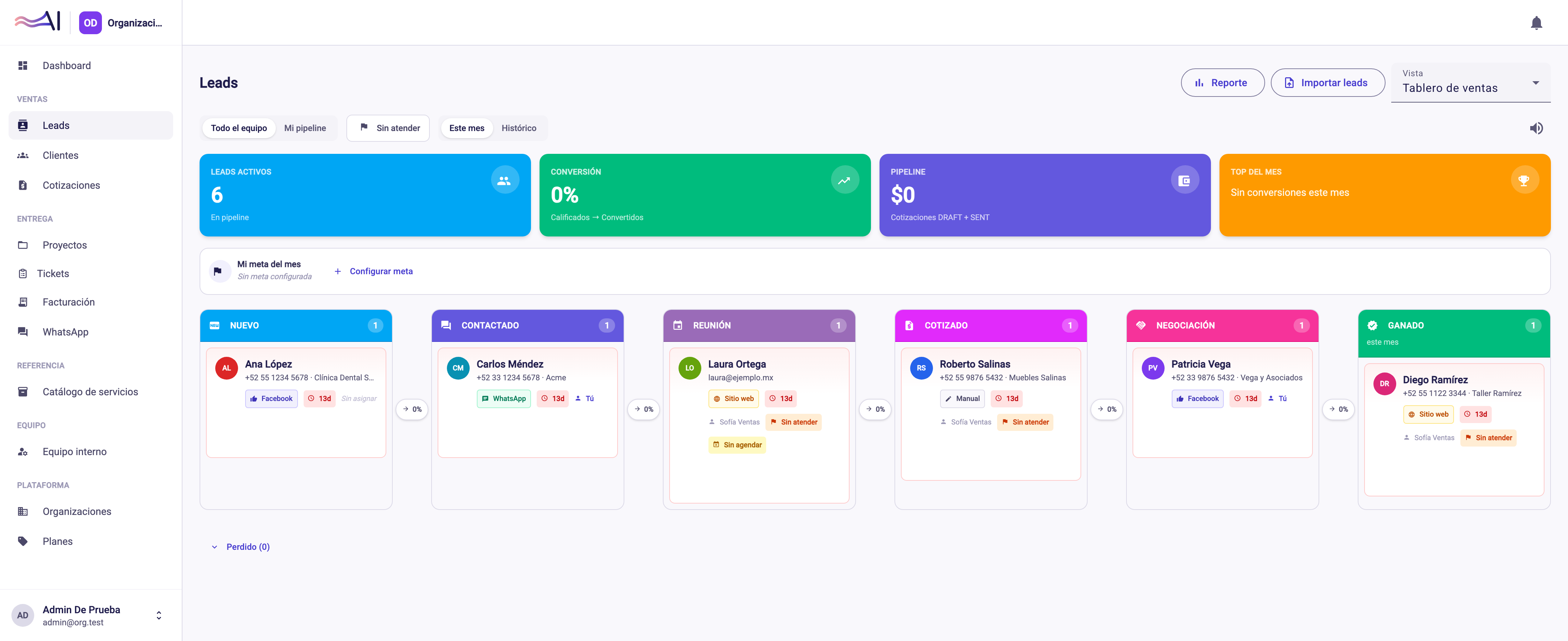 Tablero de ventas de Leads con una columna por etapa del embudo y tarjetas de leads