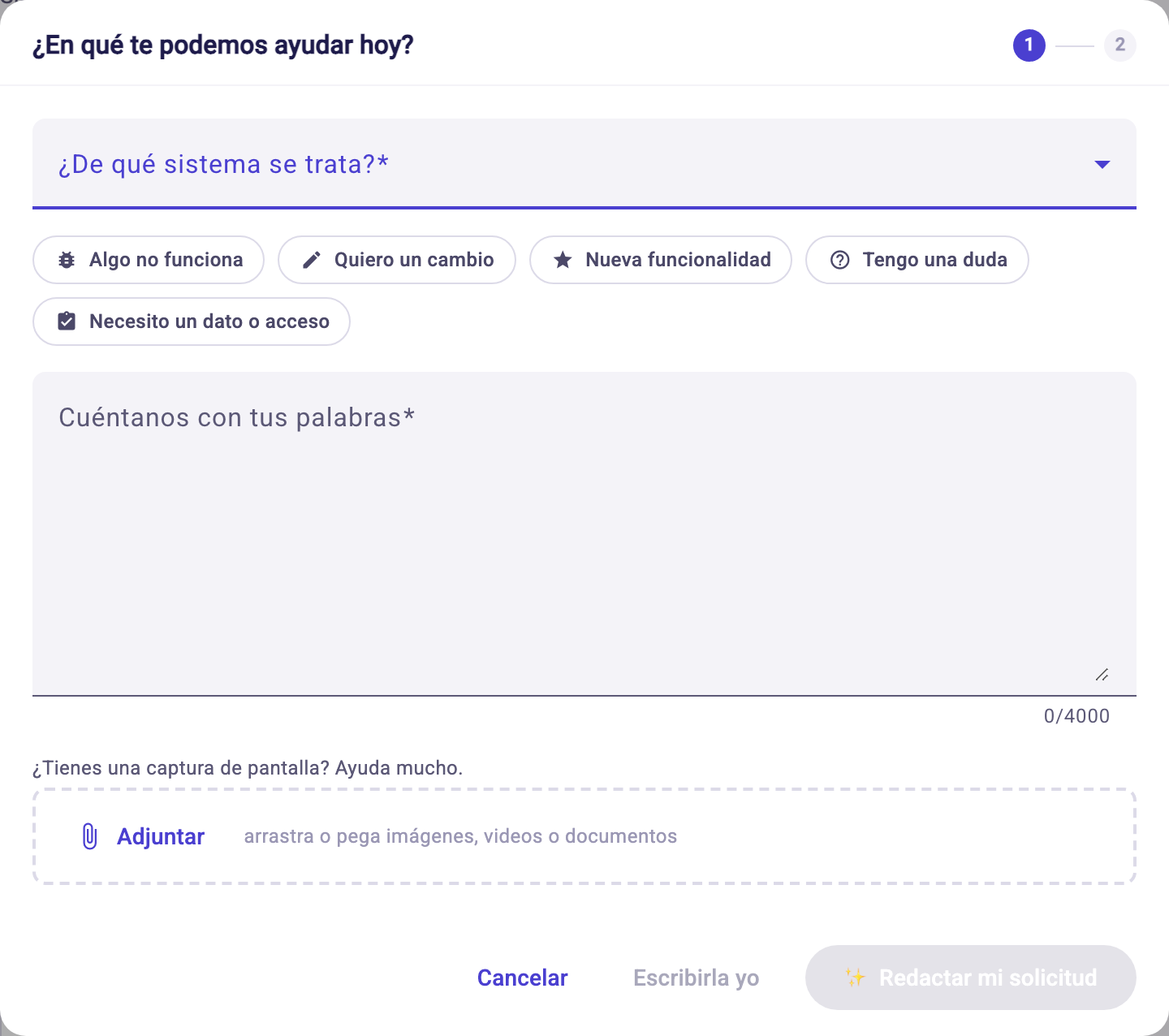 Primer paso del asistente: «¿En qué te podemos ayudar hoy?» con ejemplos, cuadro de texto y adjuntos