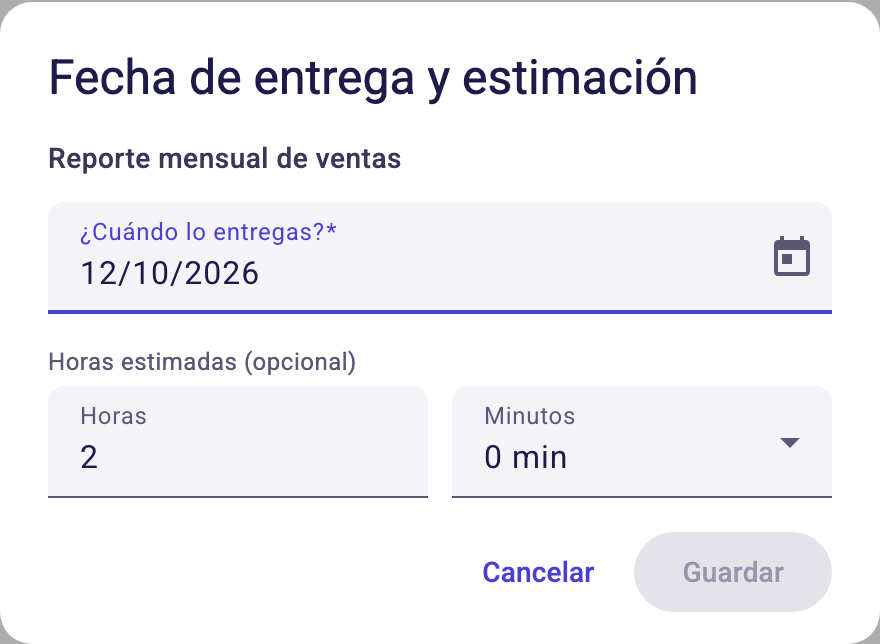 Diálogo Fecha de entrega y estimación con la fecha y las horas estimadas