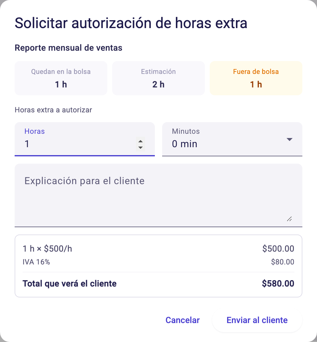 Diálogo Solicitar autorización de horas extra con el desglose y el total que verá el cliente