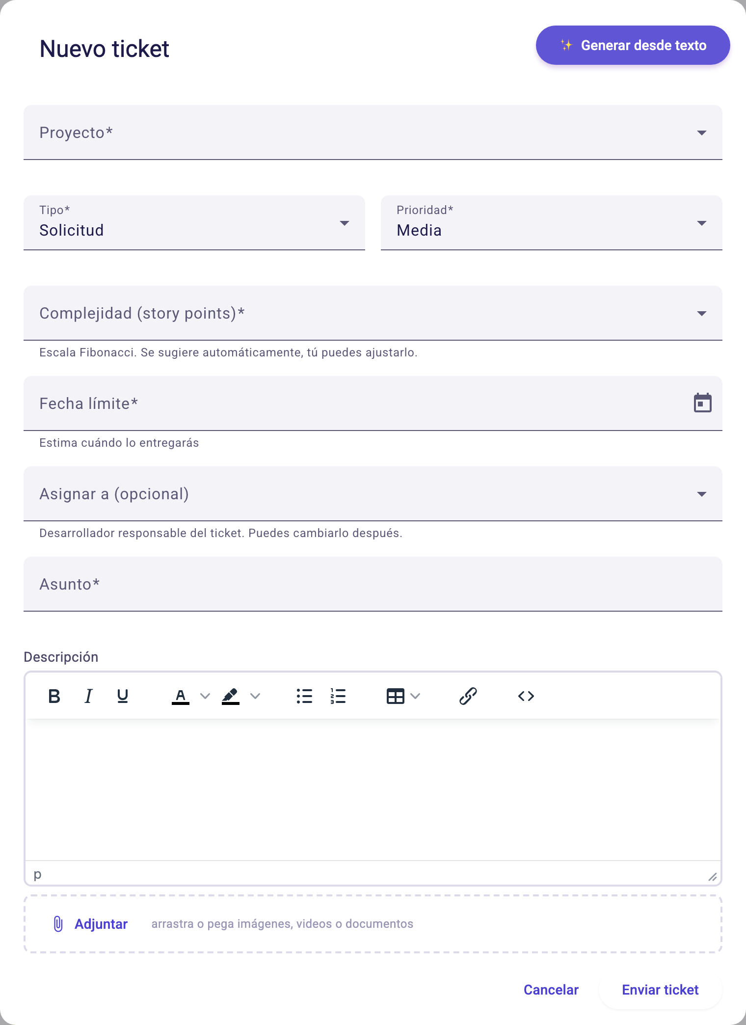 Formulario Nuevo ticket del equipo con proyecto, tipo, prioridad, complejidad, fecha límite, asunto y descripción