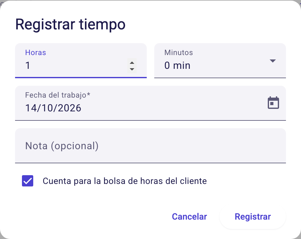 Diálogo Registrar tiempo con horas, minutos, fecha del trabajo, nota y casilla de bolsa de horas