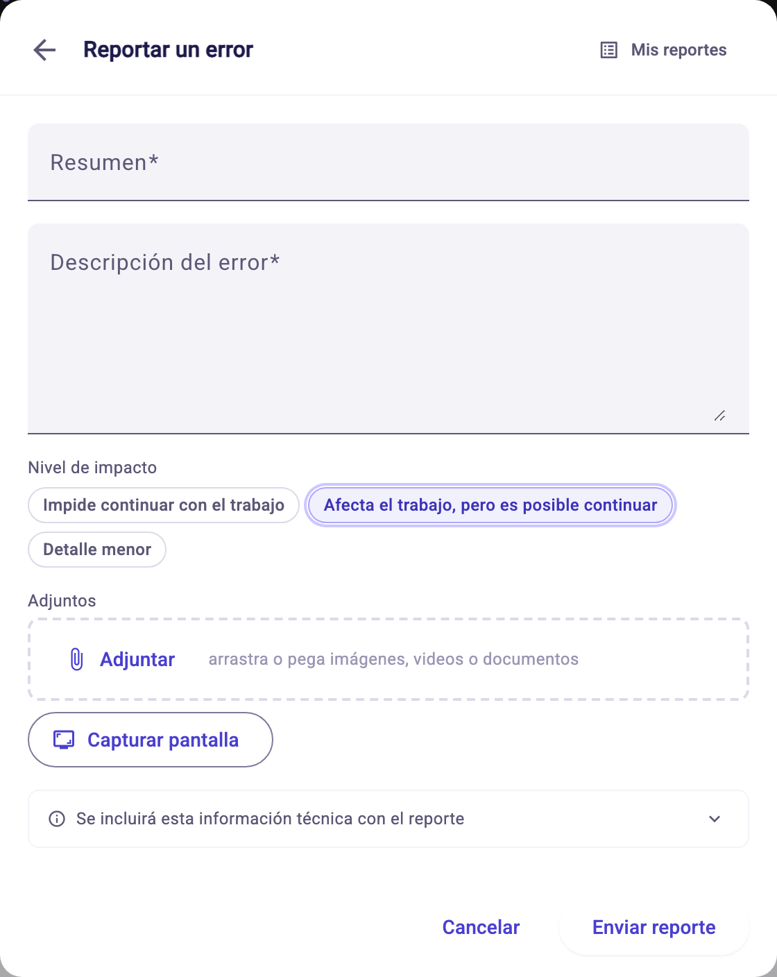 Formulario Reportar un error con resumen, descripción, nivel de impacto y adjuntos