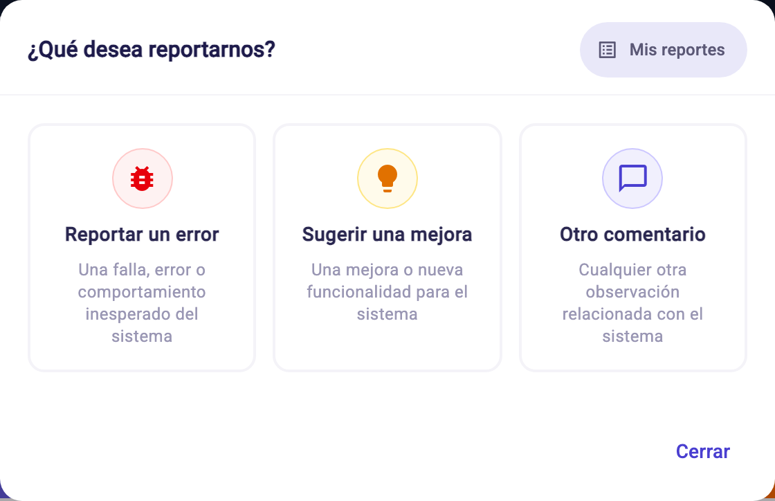 Cuadro ¿Qué desea reportarnos? con las opciones Reportar un error, Sugerir una mejora y Otro comentario