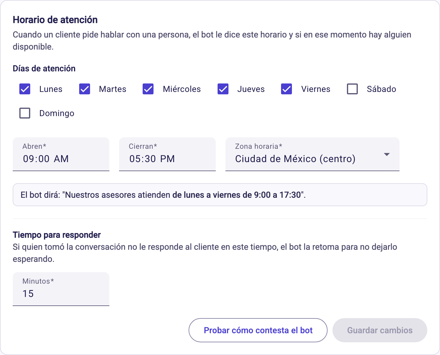 La pantalla Horario con los días de atención, la hora de apertura y cierre, la zona horaria y el tiempo para responder